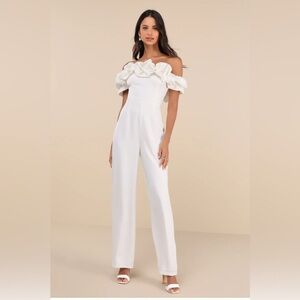 Lulus Immense Glamour White Satin Ruffled Off-the-Shoulder Jumpsuit XL New